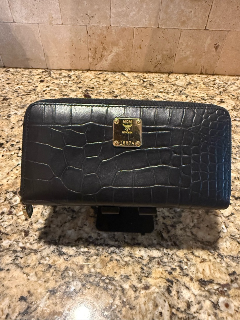 MCM Black Croc-Embossed Zip Wallet with Gold Logo Plate